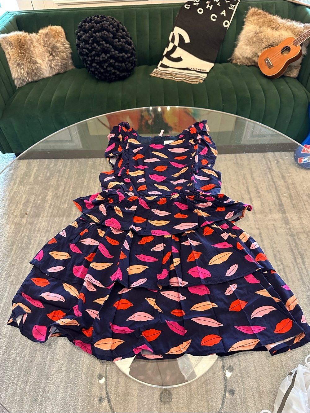 Girls Navy Lip-Print Ruffle Tiered Dress